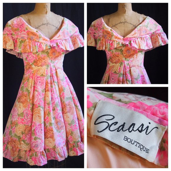 vtg 80s Does 50s SCAASI BOUTIQUE Floral Off Shoulder Full Skirt Party Dress EUC